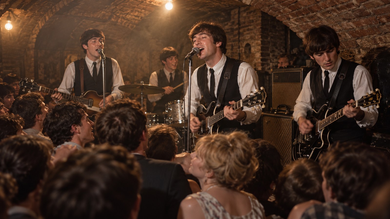 AI reconstruction of a packed 1963 cellar club during the Beatles' final Cavern performance