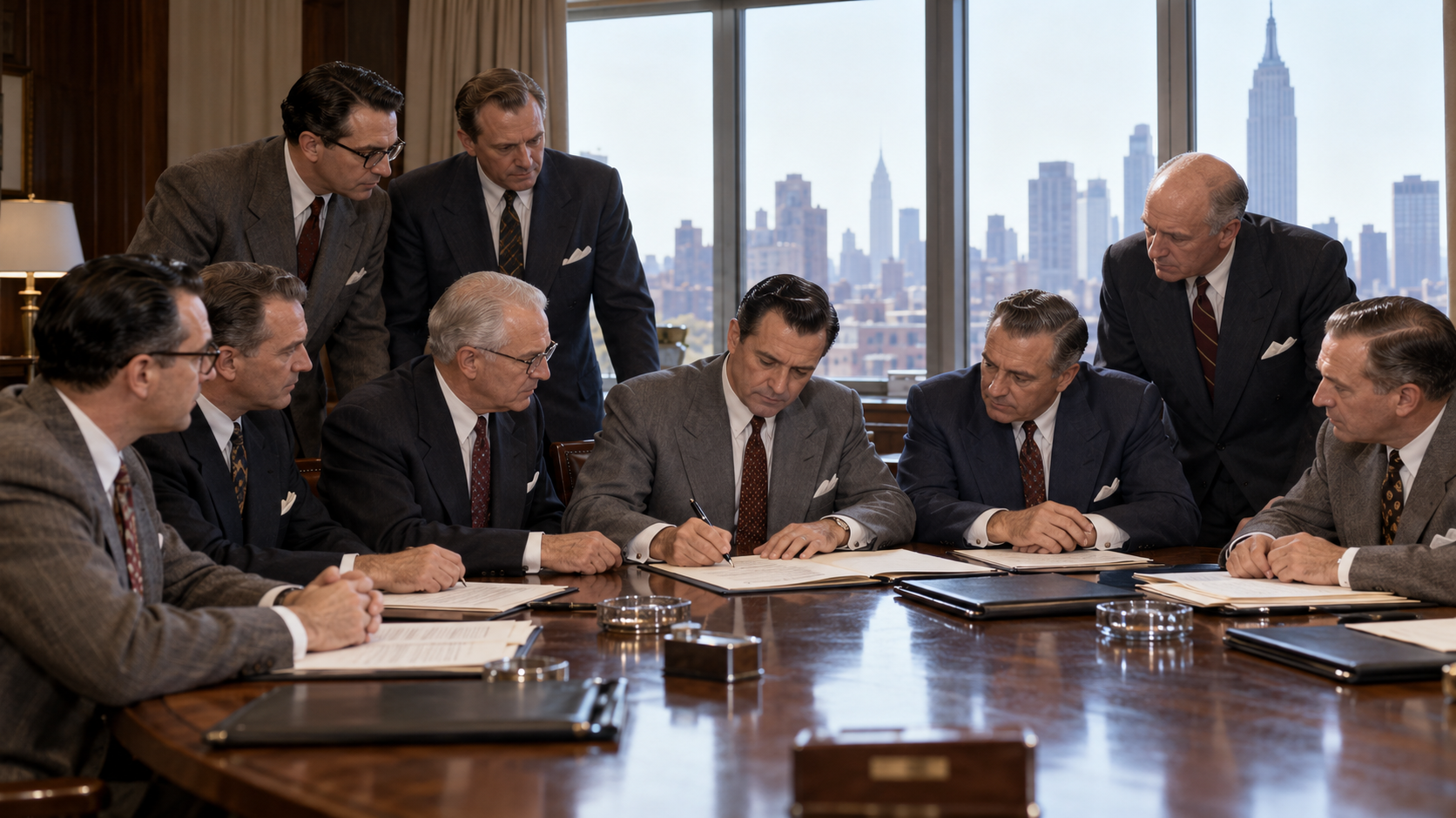 Photorealistic historical reconstruction of basketball executives completing the 1949 merger that created the NBA.