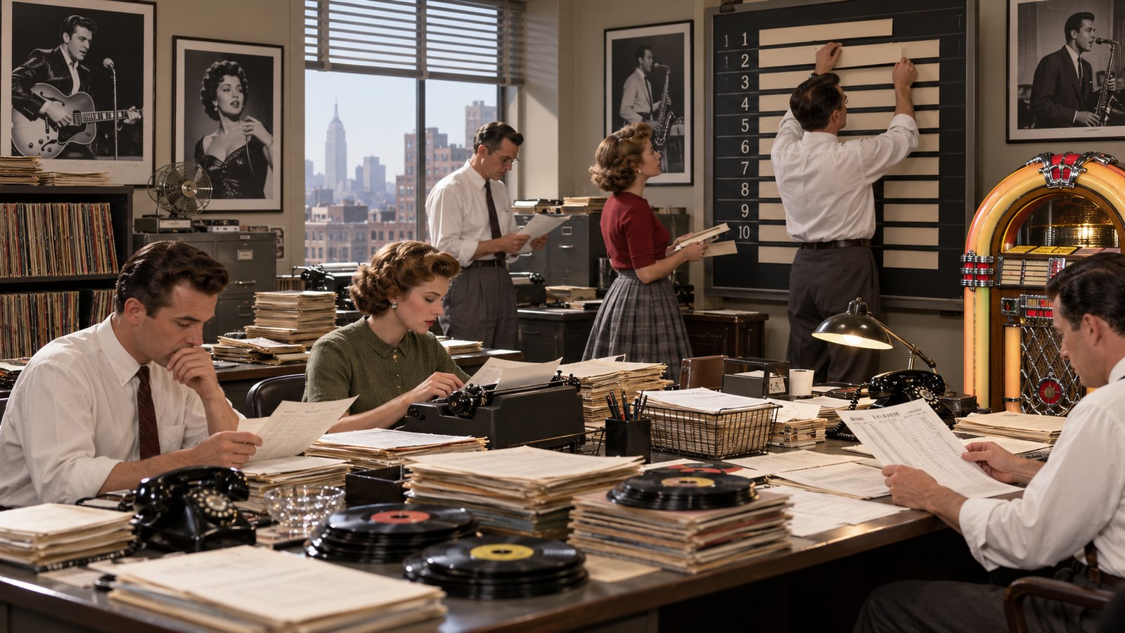AI reconstruction of a 1958 music trade newsroom assembling the first Hot 100 chart
