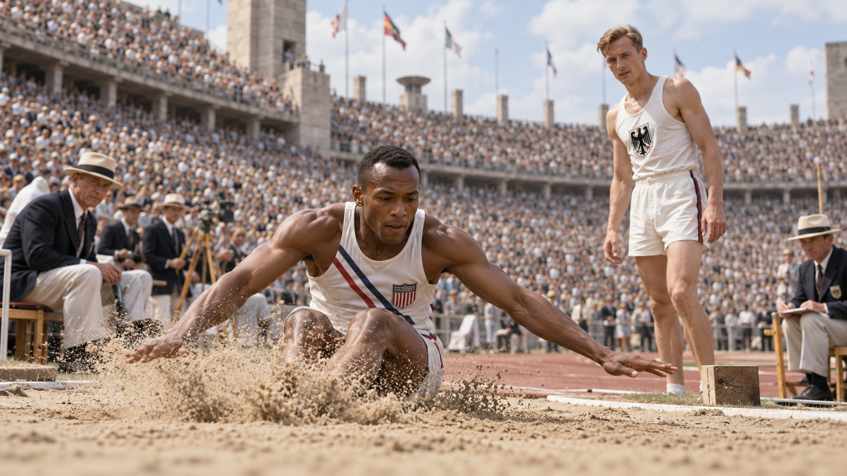 Photorealistic historical reconstruction of Jesse Owens winning the Olympic long jump in Berlin in 1936.