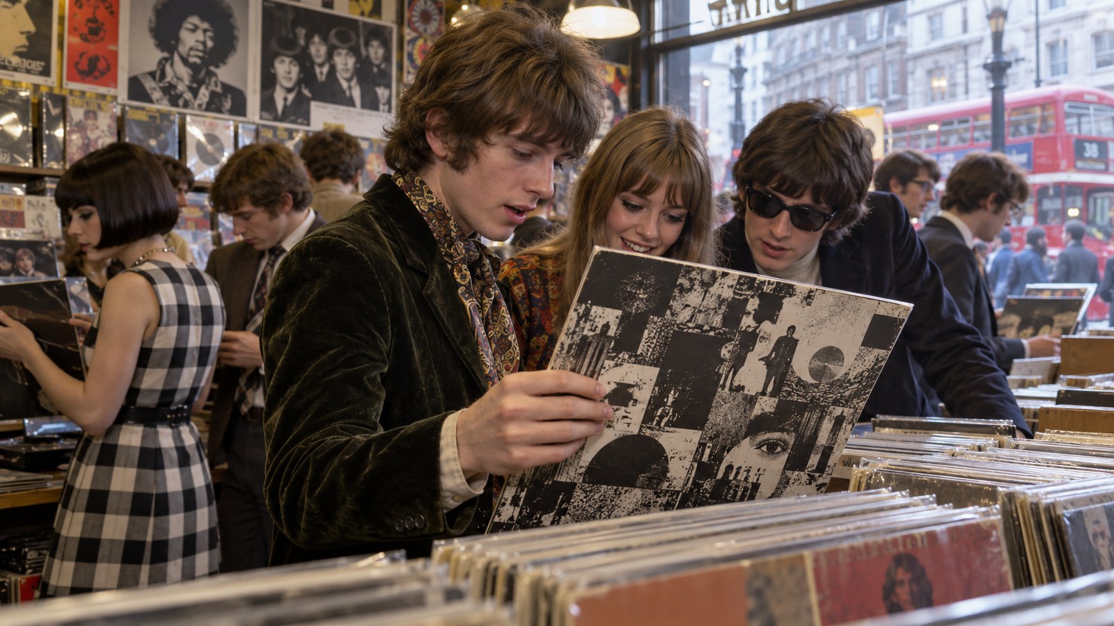 AI reconstruction of a London record shop receiving the Beatles' Revolver in 1966