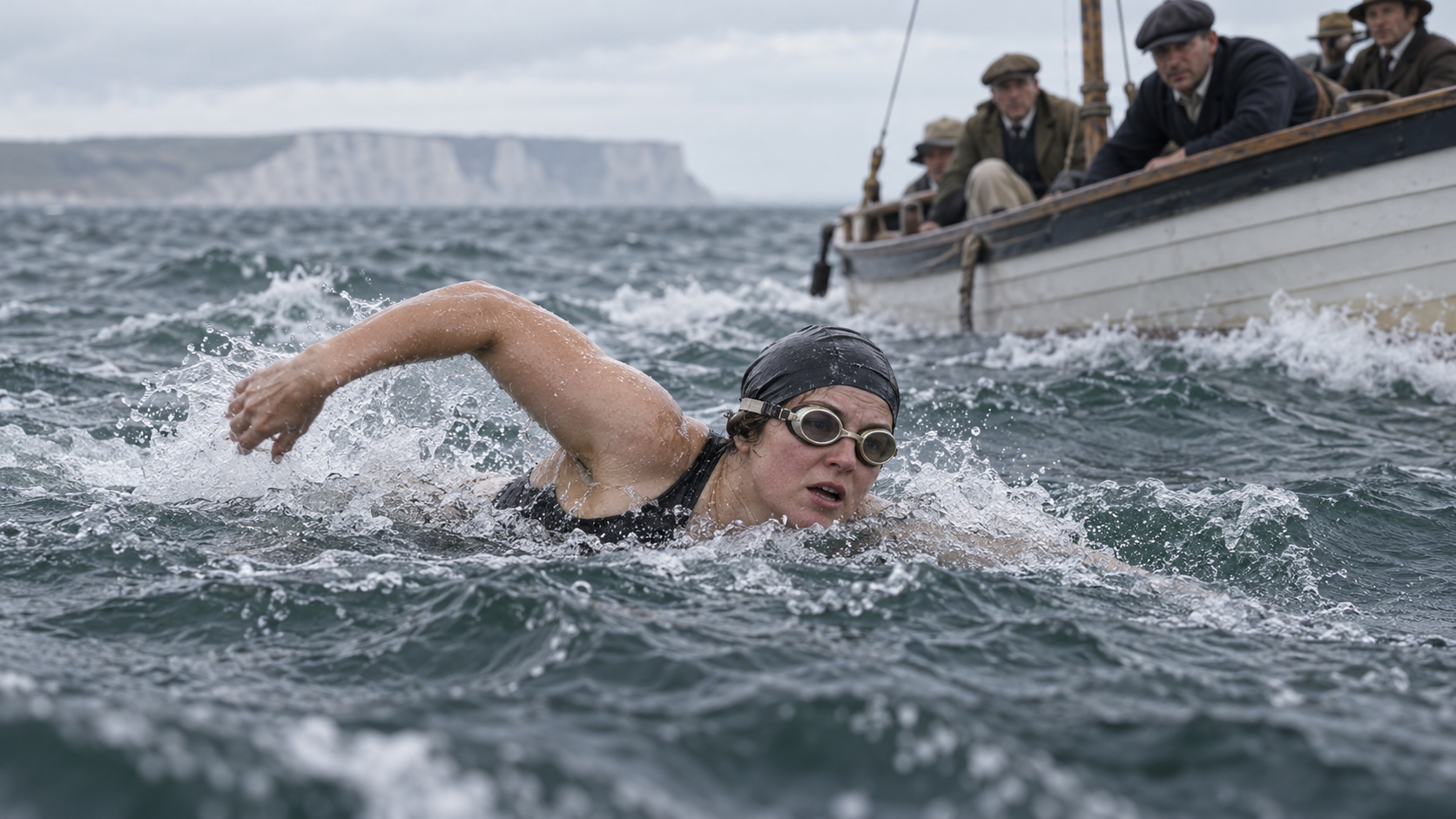 Photorealistic historical reconstruction of Gertrude Ederle swimming the English Channel in 1926.