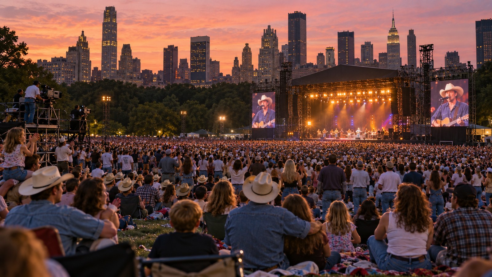 AI reconstruction of a vast country-music crowd in Central Park at dusk in 1997