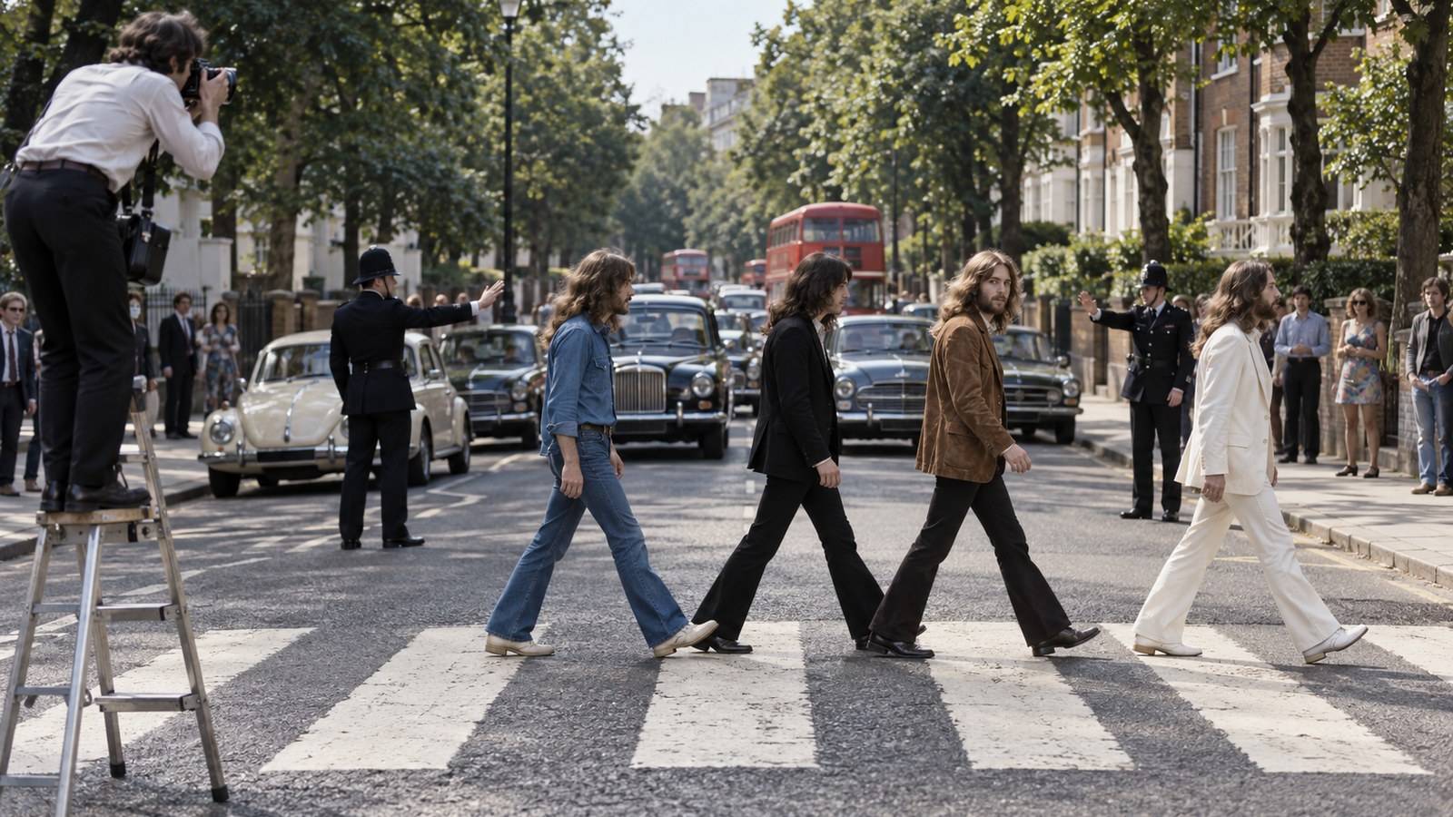AI reconstruction of a 1969 London crosswalk photo session for four rock musicians