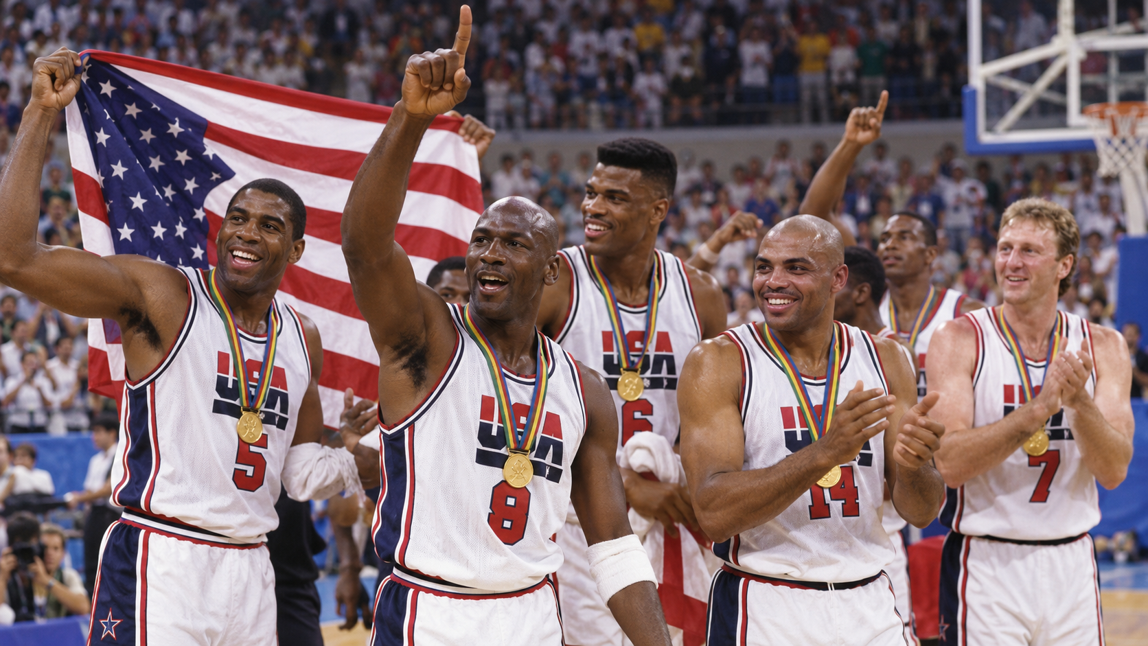 Photorealistic reconstruction of the Dream Team celebrating Olympic basketball gold in Barcelona in 1992.
