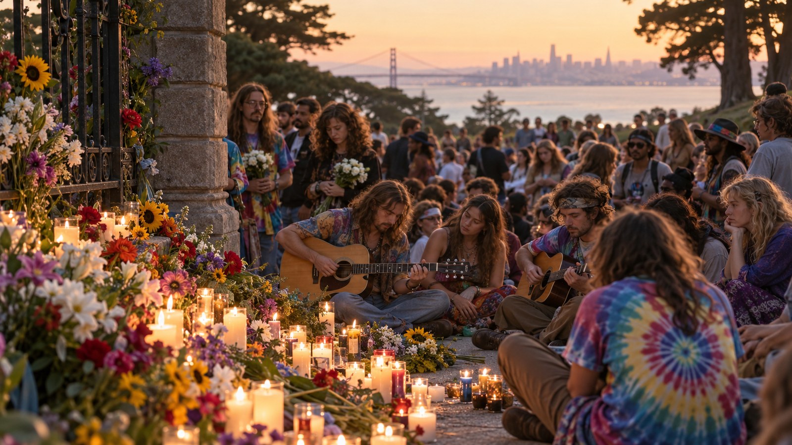 AI reconstruction of Grateful Dead fans gathering in San Francisco after Jerry Garcia's death