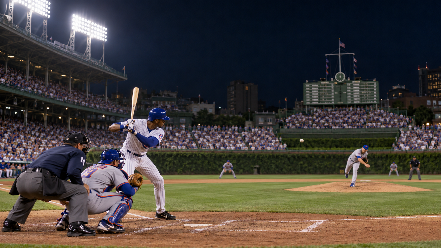 Photorealistic reconstruction of Wrigley Field's first official night game in 1988.