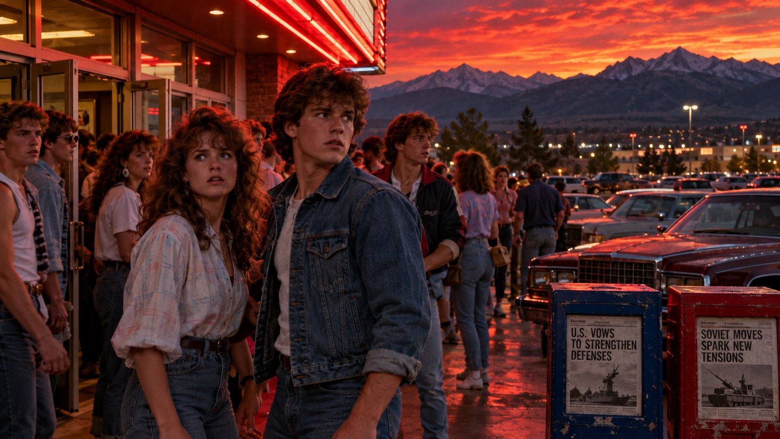AI reconstruction of a 1984 cinema audience arriving for a tense Cold War action film