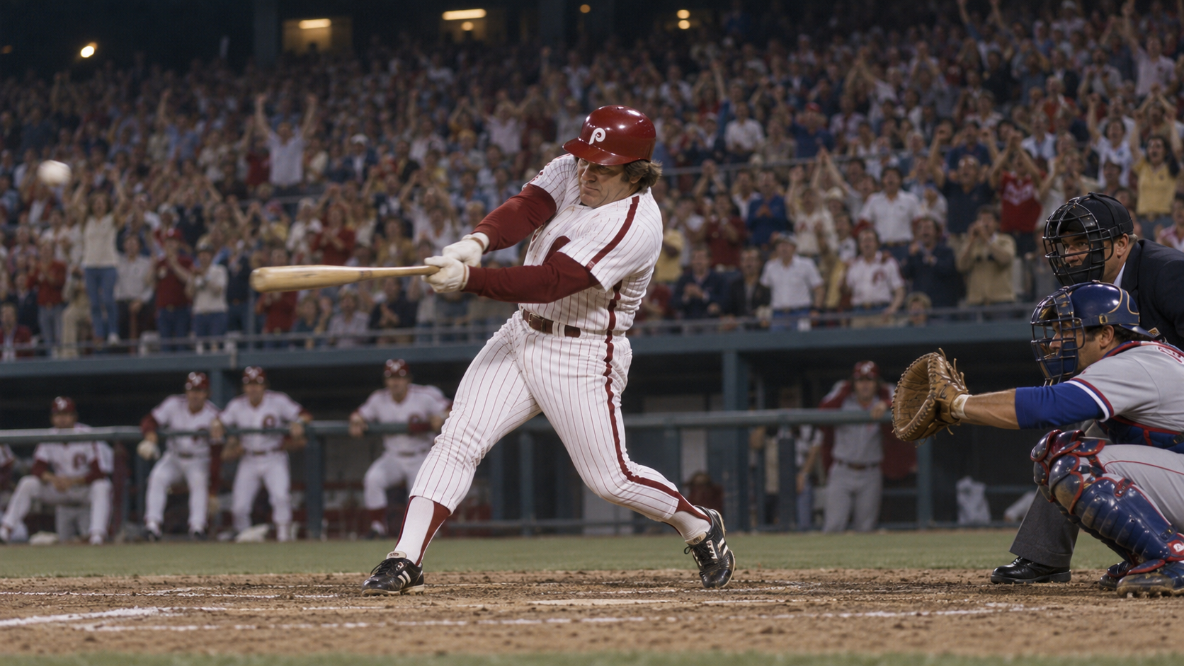 Photorealistic reconstruction of Pete Rose collecting the National League career hits record in 1981.