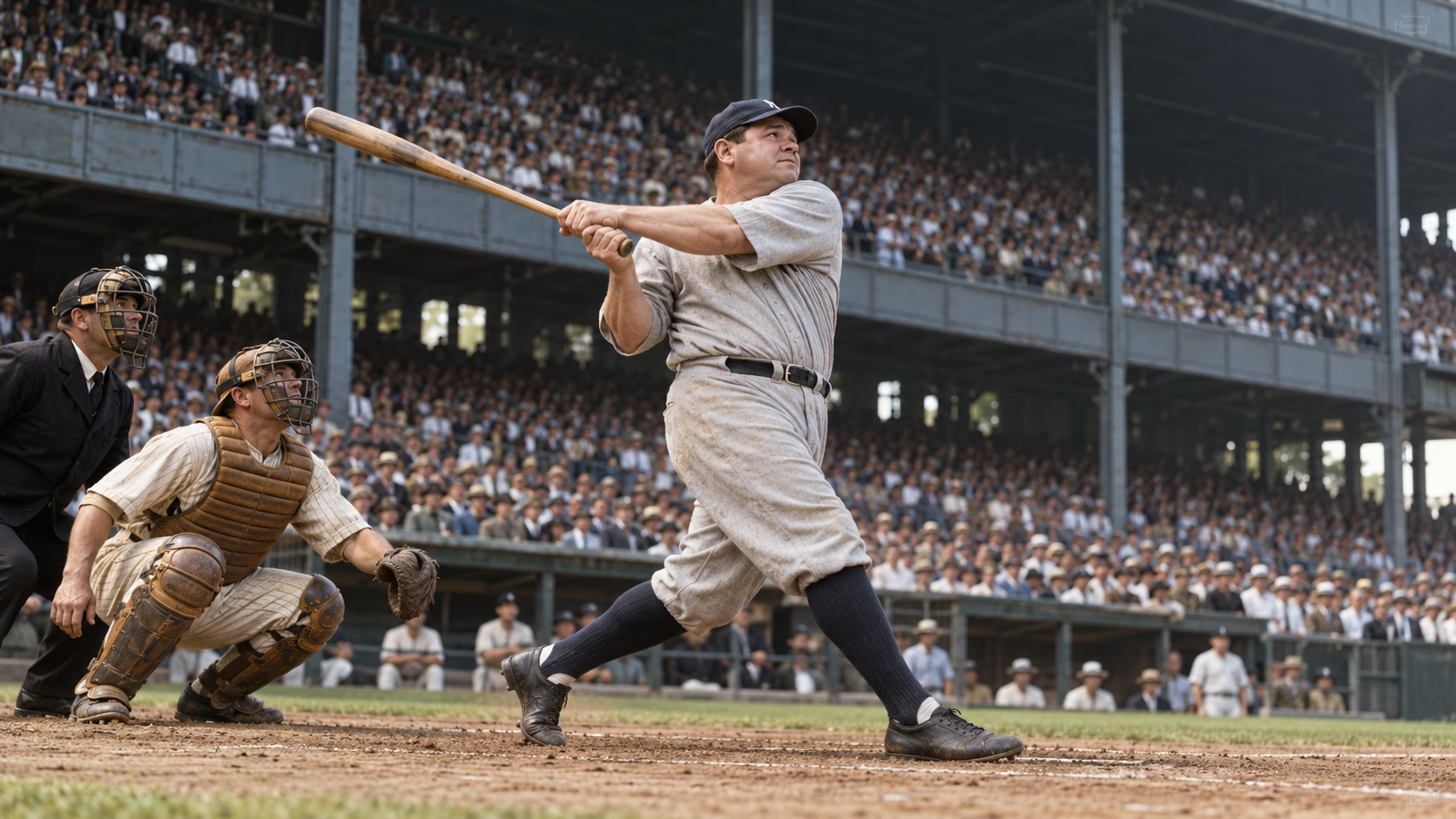 Photorealistic historical reconstruction of Babe Ruth hitting his 500th career home run in 1929.