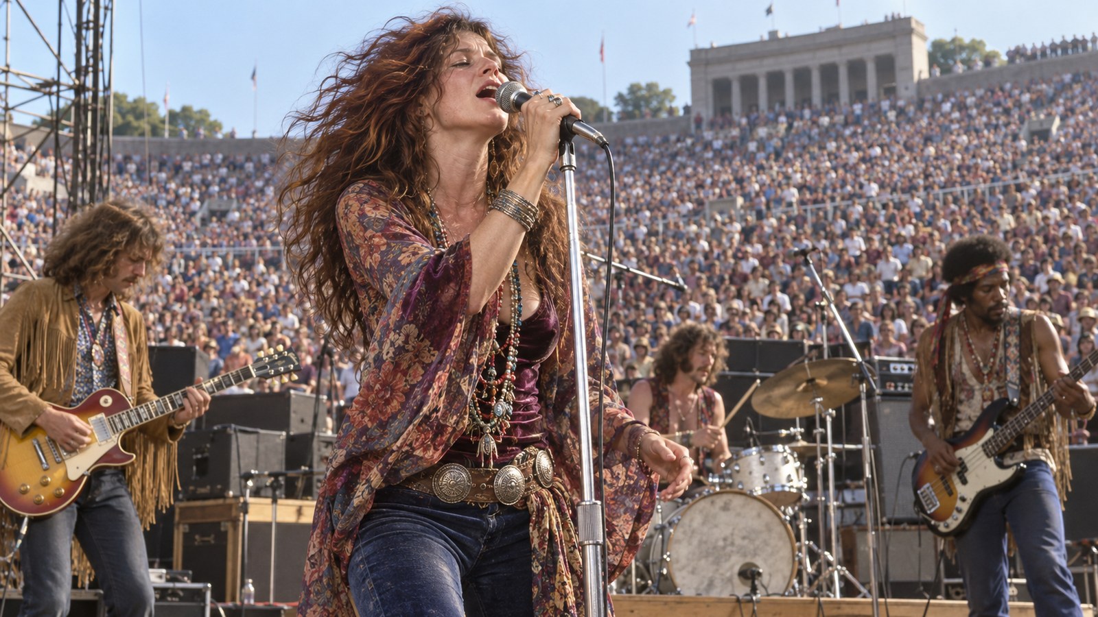 AI reconstruction of Janis Joplin performing at Harvard Stadium in August 1970