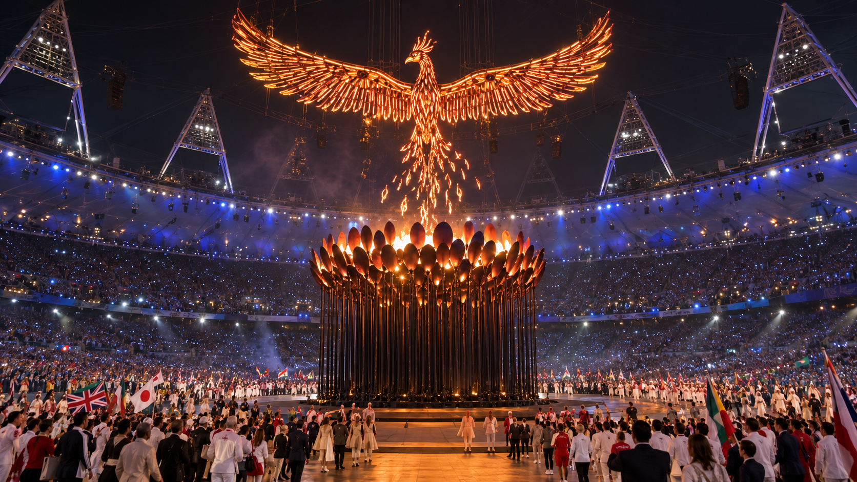 Photorealistic reconstruction of the London 2012 Olympic closing ceremony and extinguished cauldron.