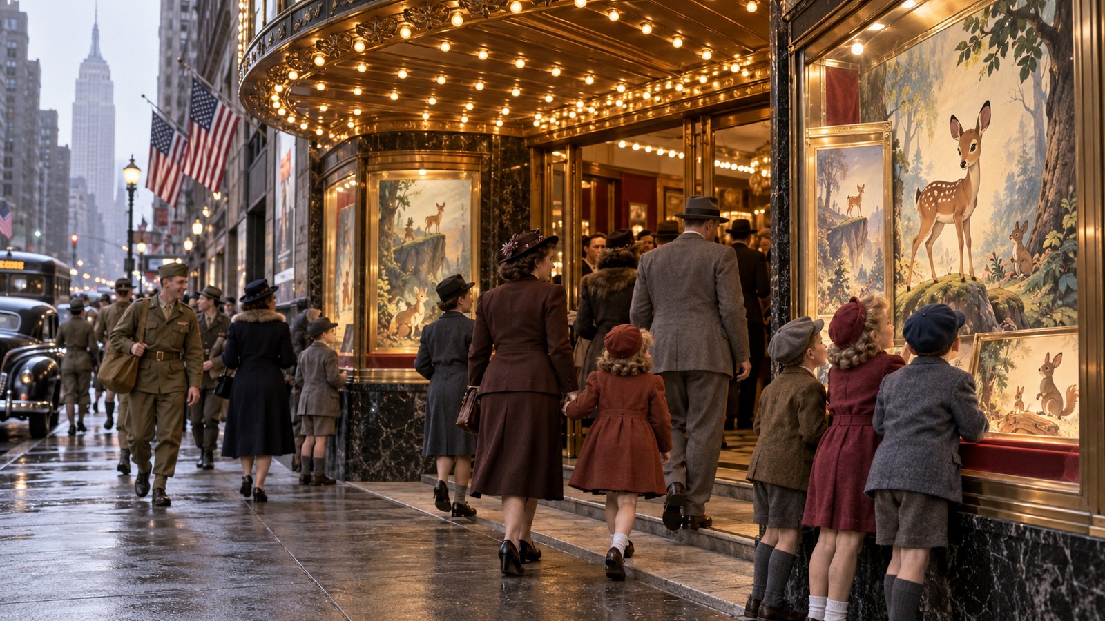 AI reconstruction of families attending Bambi's New York opening in 1942