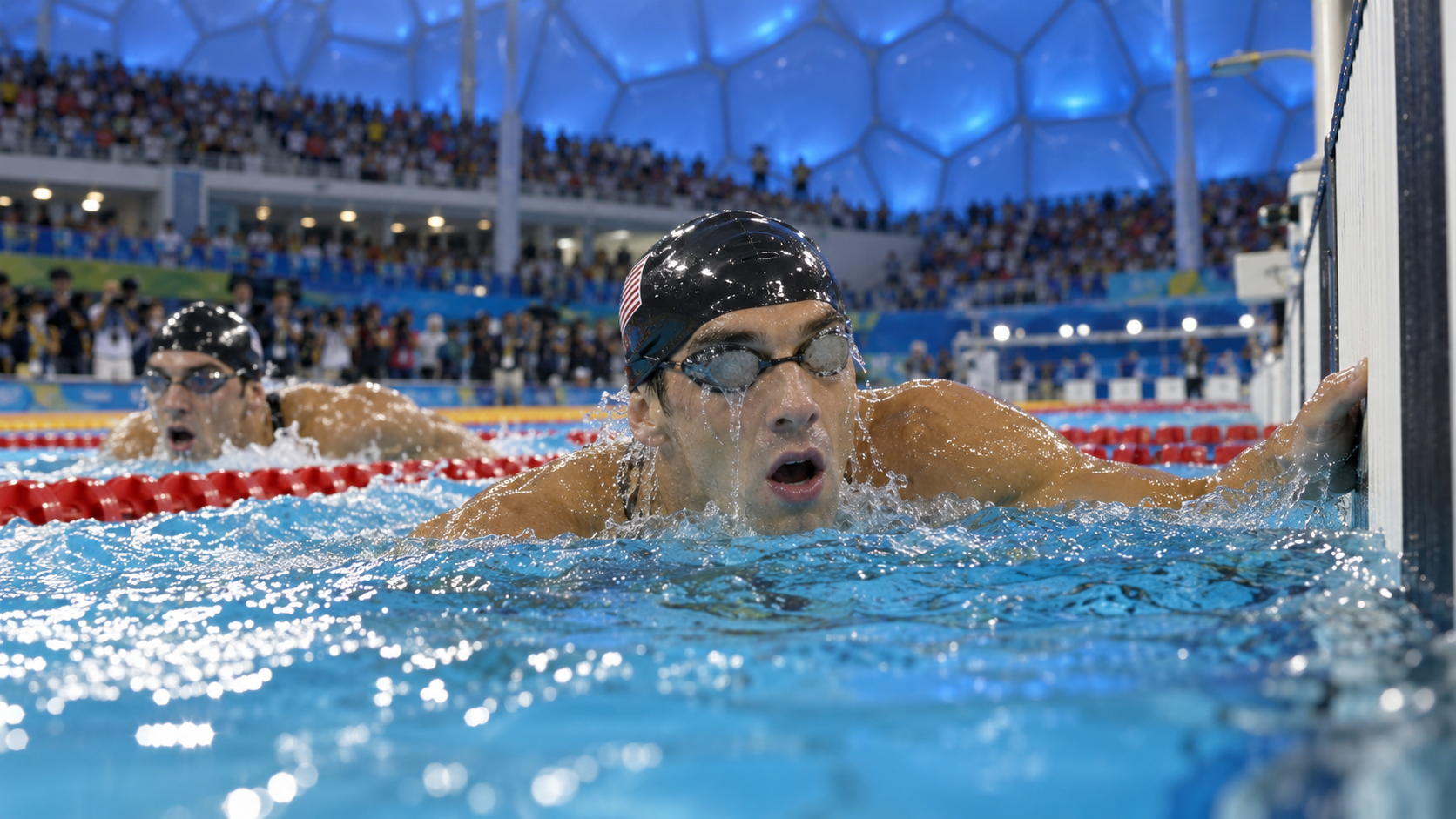 Photorealistic reconstruction of Michael Phelps winning a record career Olympic gold in Beijing in 2008.
