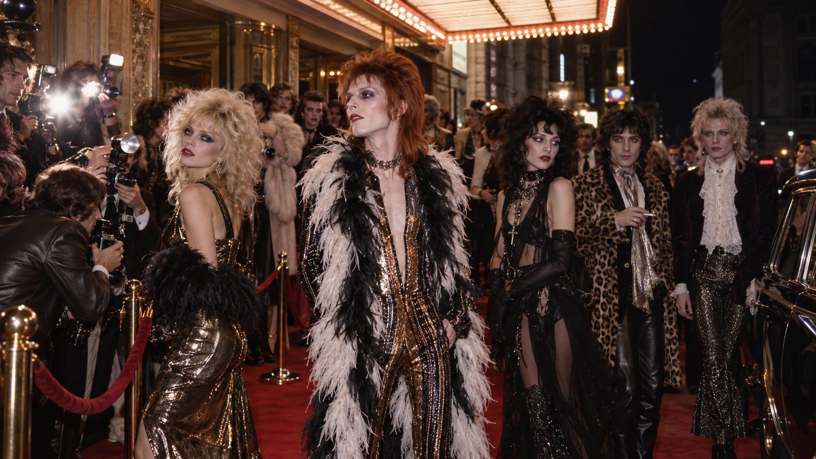 AI reconstruction of a flamboyant London cinema premiere for Rocky Horror in 1975
