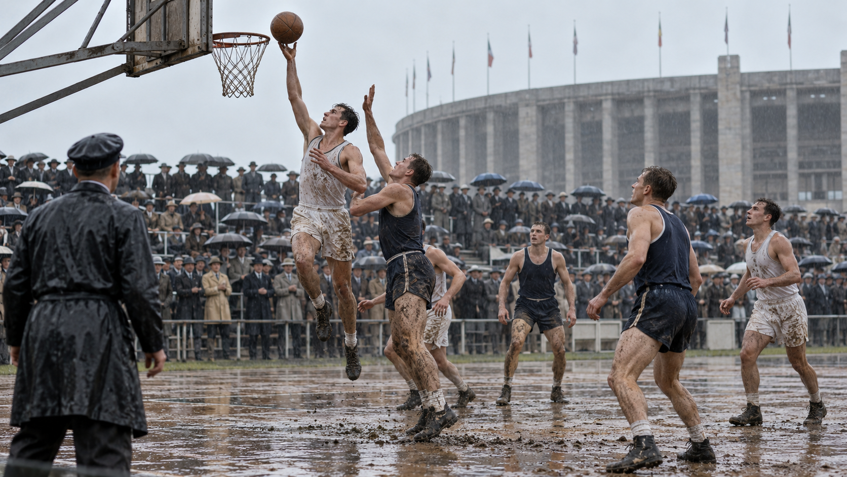 Photorealistic historical reconstruction of the rain-soaked first Olympic basketball final in 1936.