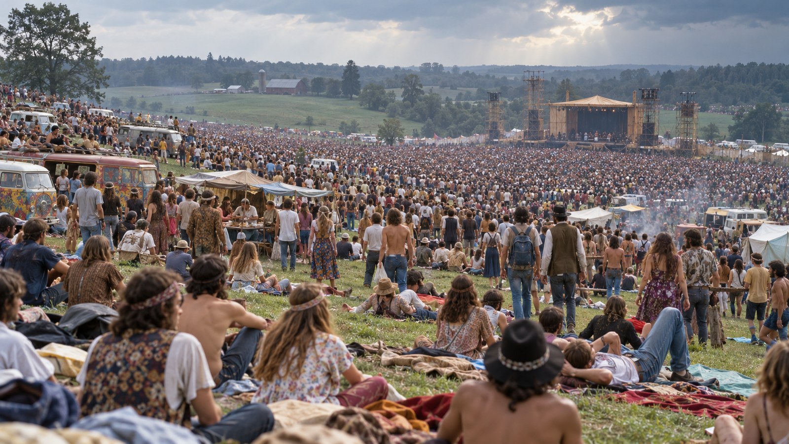 AI reconstruction of the vast Woodstock crowd arriving at Max Yasgur's farm in 1969