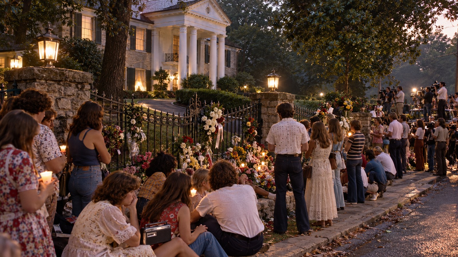 AI reconstruction of mourners gathering outside Graceland after Elvis Presley's death