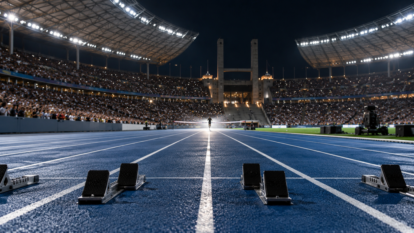 Photorealistic reconstruction of Usain Bolt setting the 9.58-second 100-meter world record in Berlin.