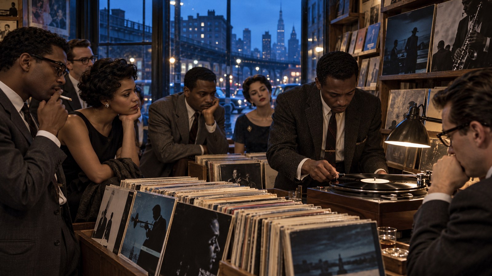 AI reconstruction of a 1959 jazz record arriving in a New York music shop