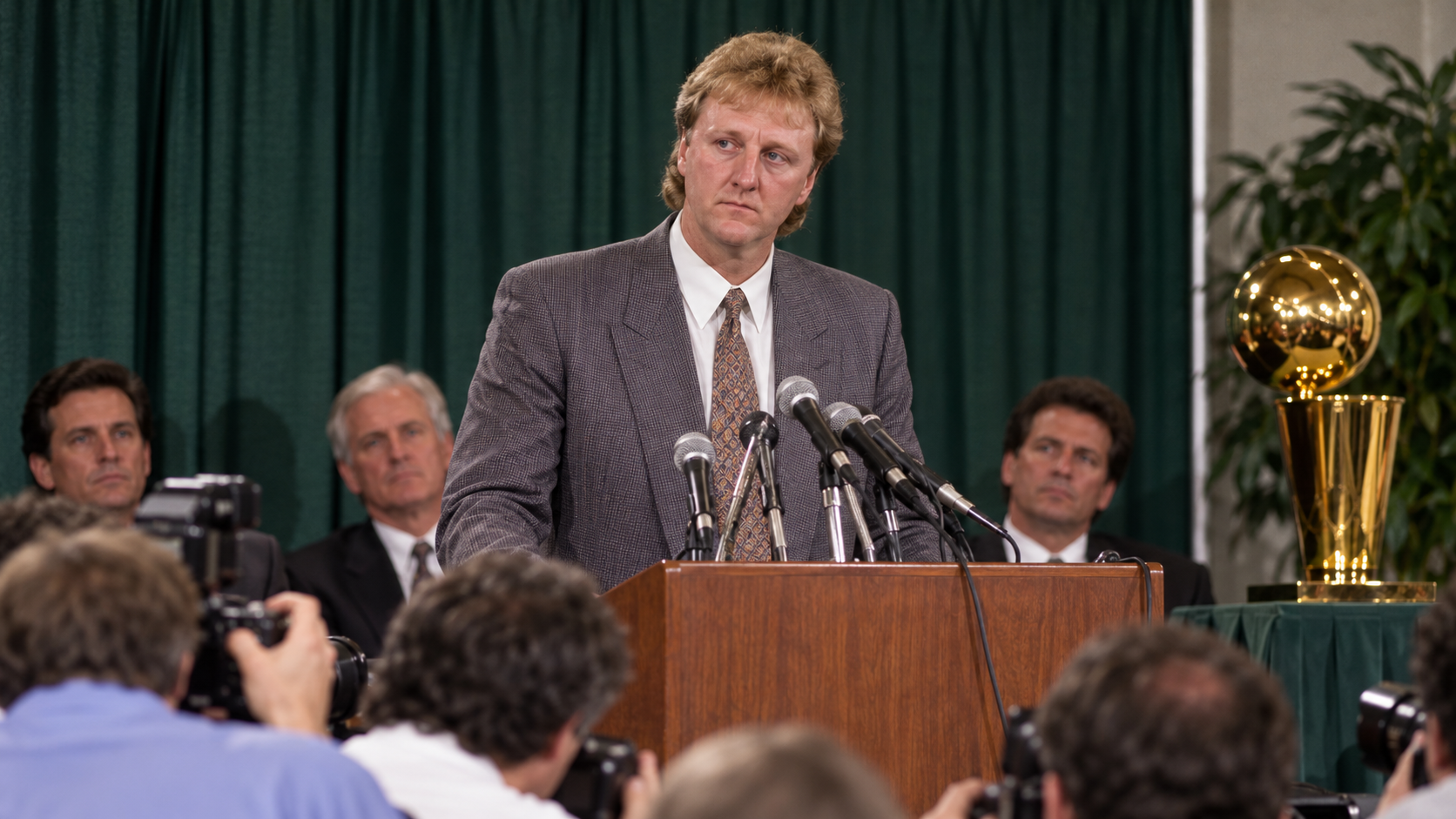 Photorealistic historical reconstruction of Larry Bird announcing his retirement in 1992.