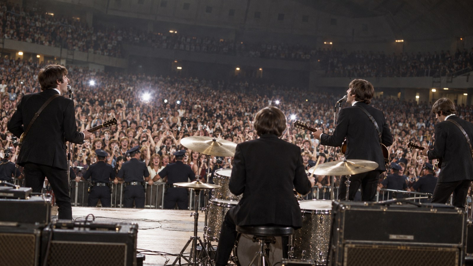 AI reconstruction of the Beatles performing before a screaming Cow Palace crowd in 1964