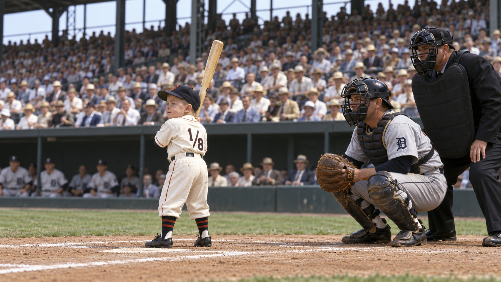 Photorealistic historical reconstruction of Eddie Gaedel's only major-league plate appearance in 1951.