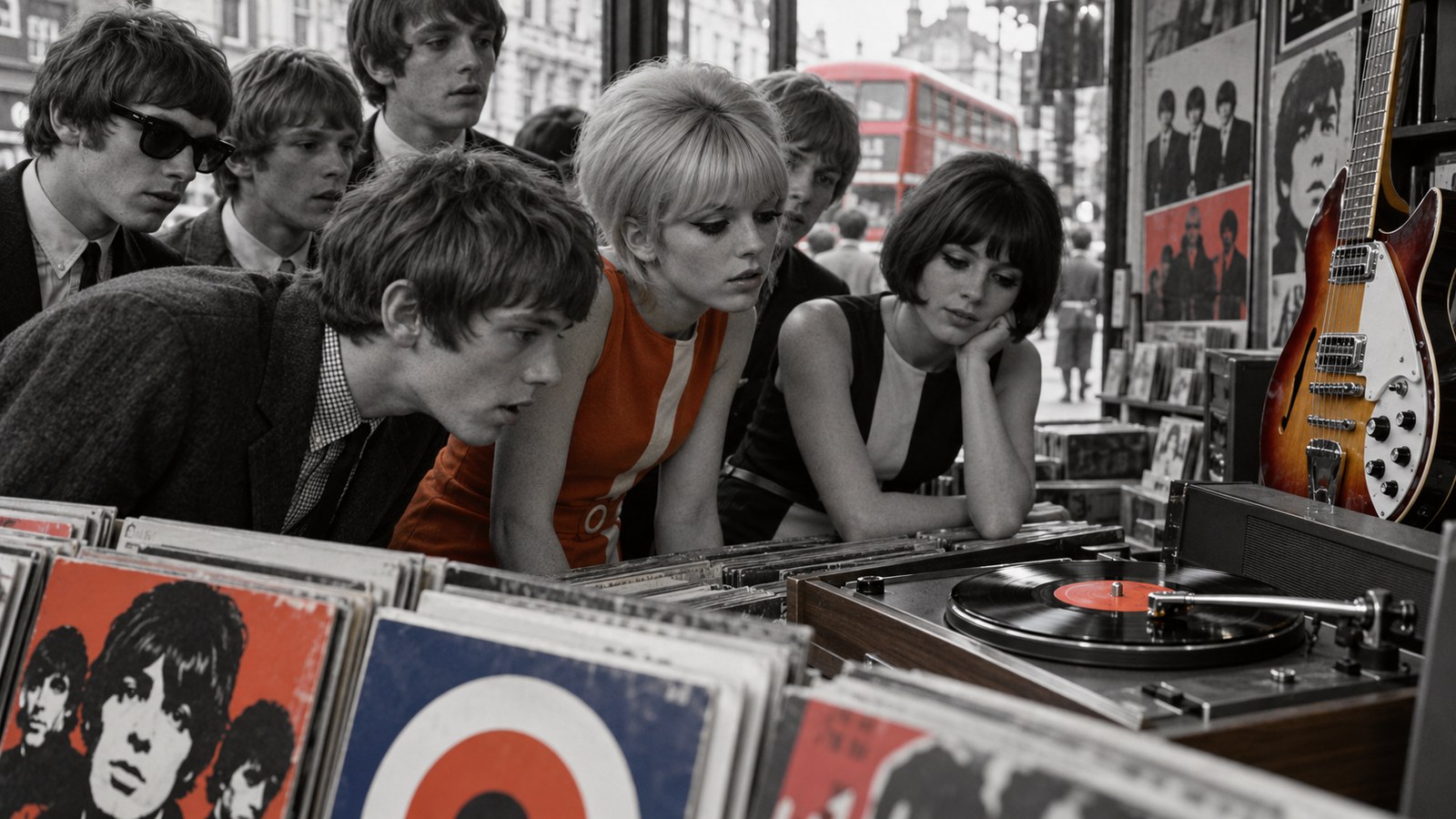AI reconstruction of a 1965 British record shop playing Satisfaction for young customers