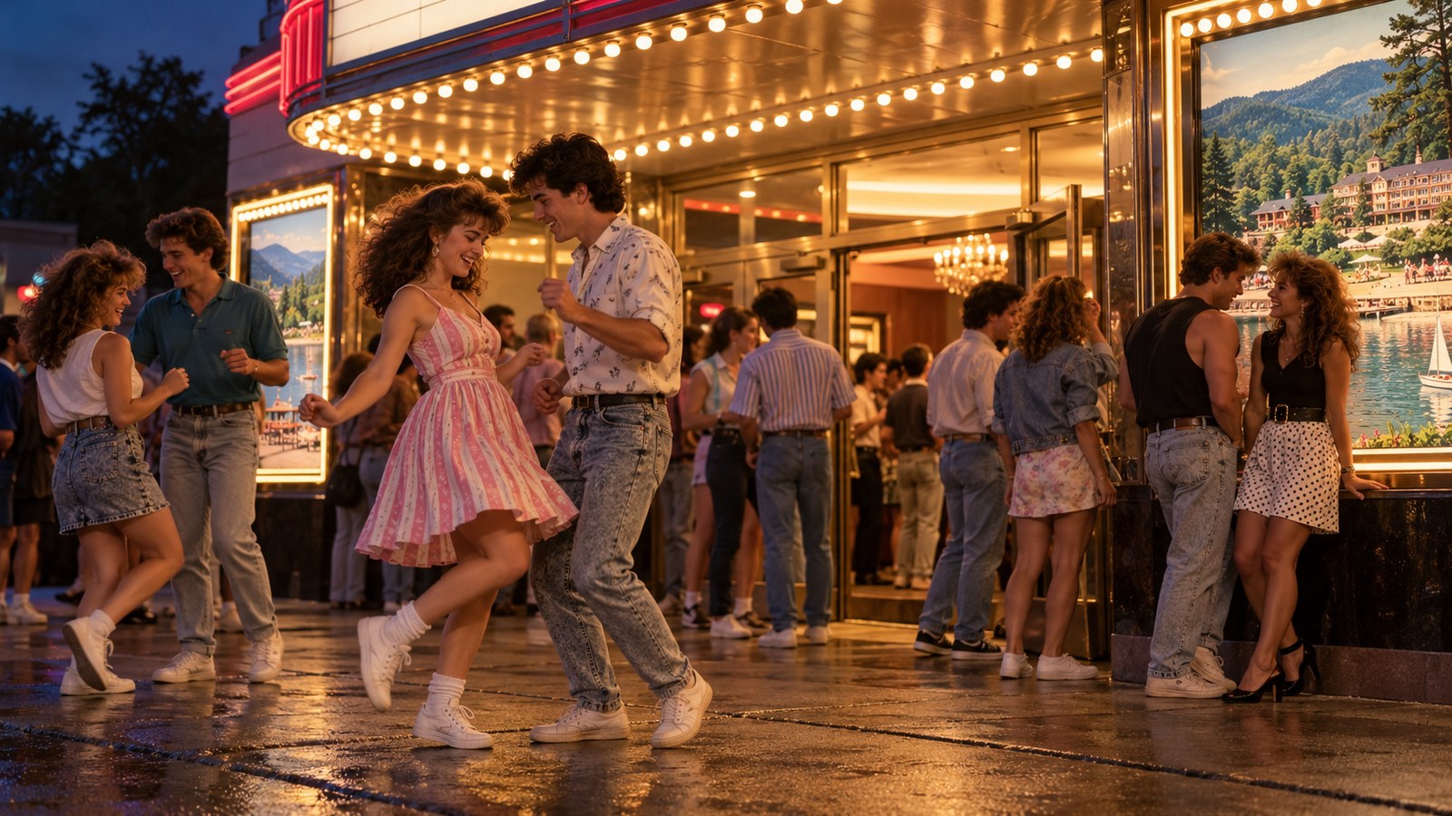 AI reconstruction of moviegoers entering a theater for Dirty Dancing in 1987
