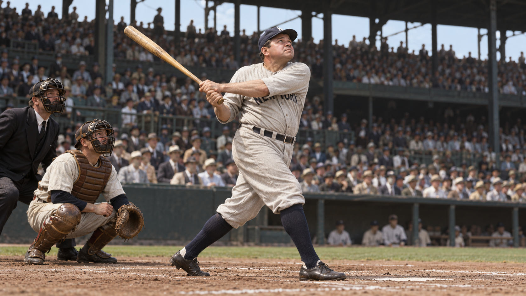 Photorealistic historical reconstruction of Babe Ruth hitting his 600th career home run in 1931.