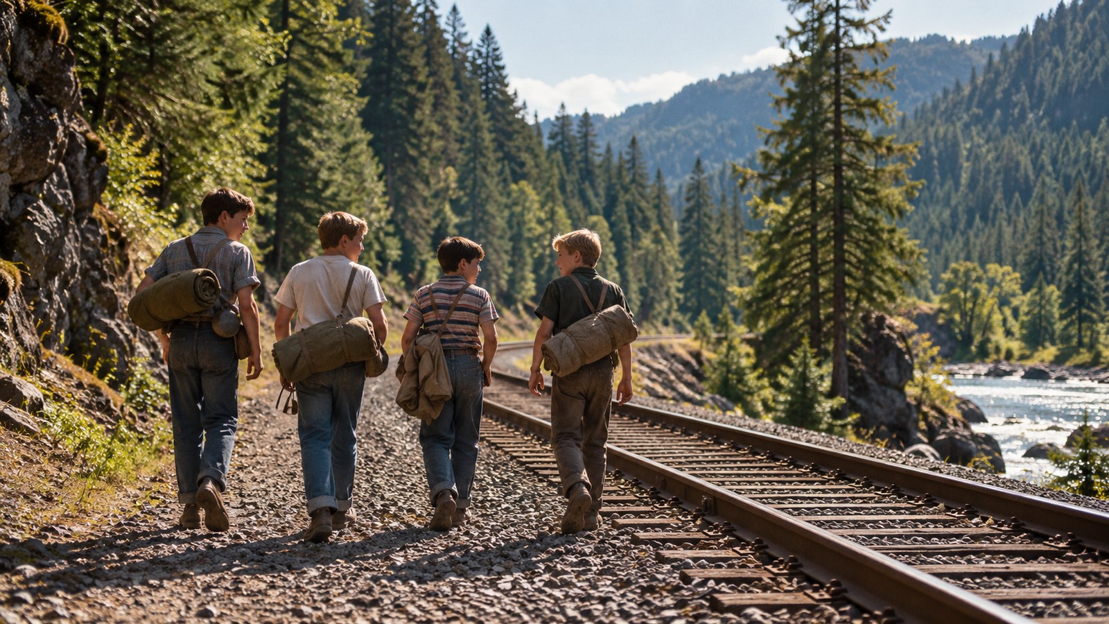 AI reconstruction of four boys walking beside railroad tracks in a 1959 Oregon summer