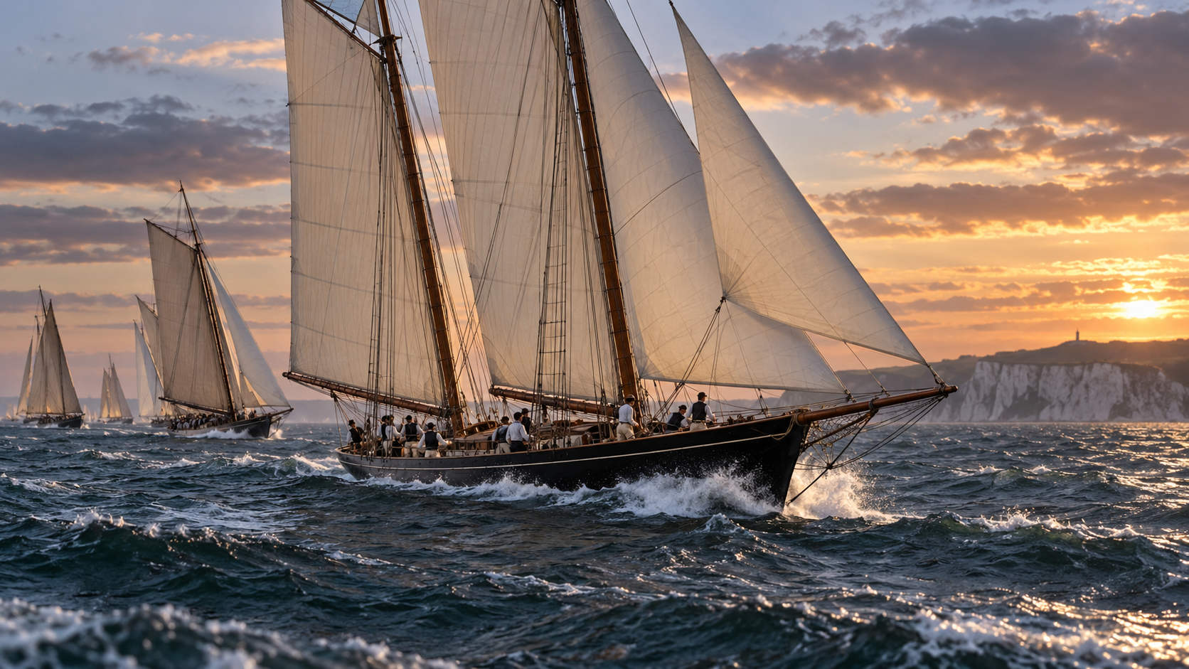 Photorealistic historical reconstruction of the schooner America winning the 1851 race around the Isle of Wight.
