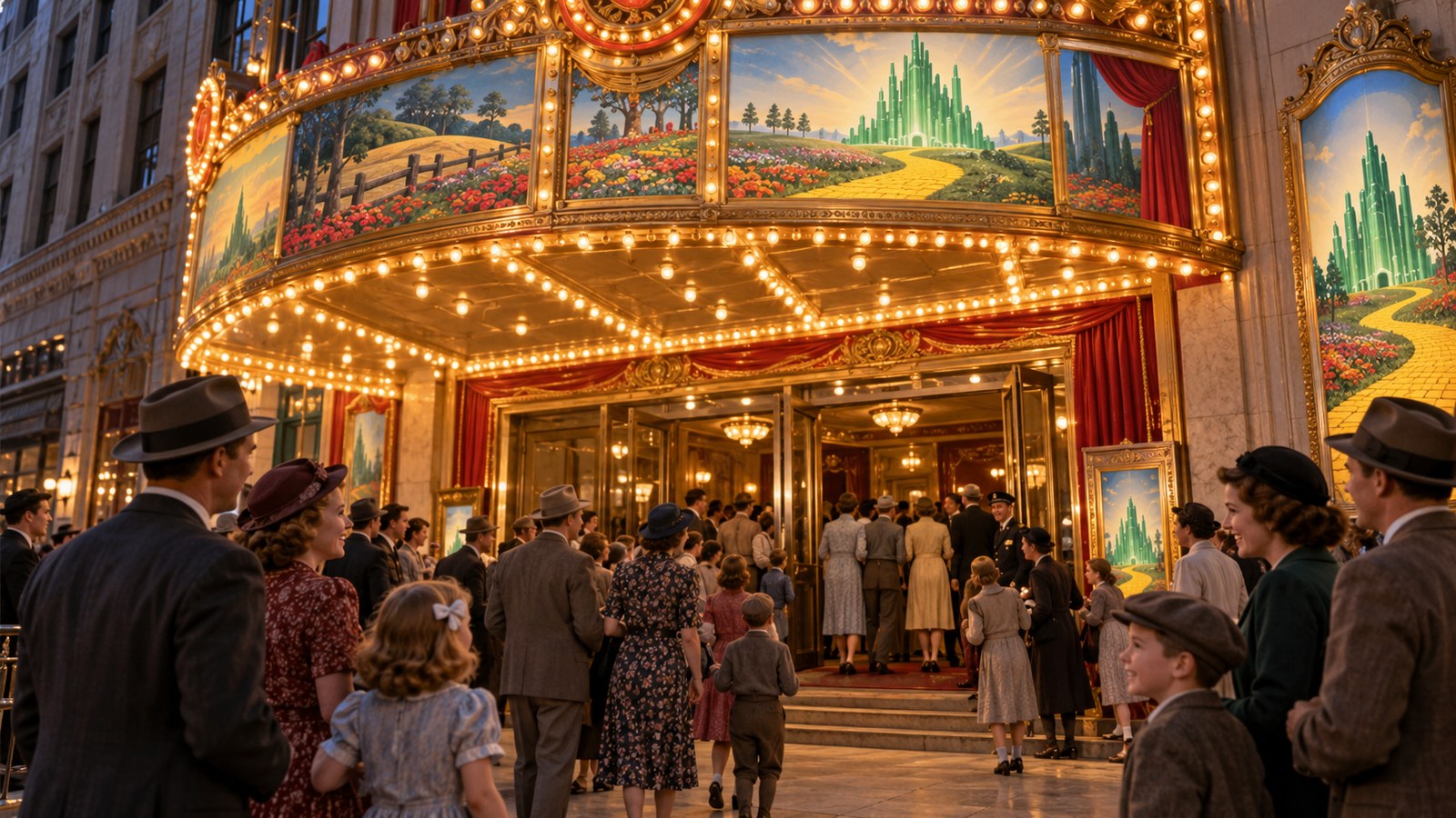 AI reconstruction of families attending The Wizard of Oz nationwide opening in 1939