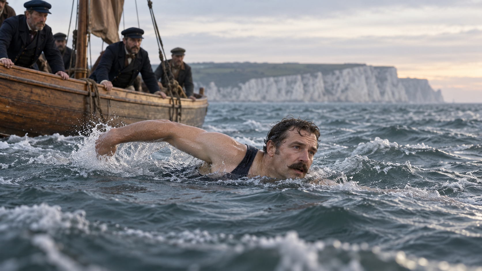Photorealistic historical reconstruction of Captain Matthew Webb completing the first English Channel swim in 1875.