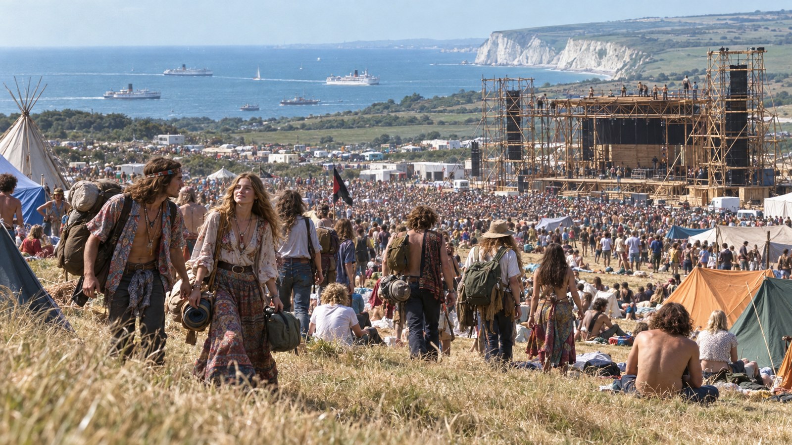AI reconstruction of festivalgoers arriving at Afton Down for the 1970 Isle of Wight Festival