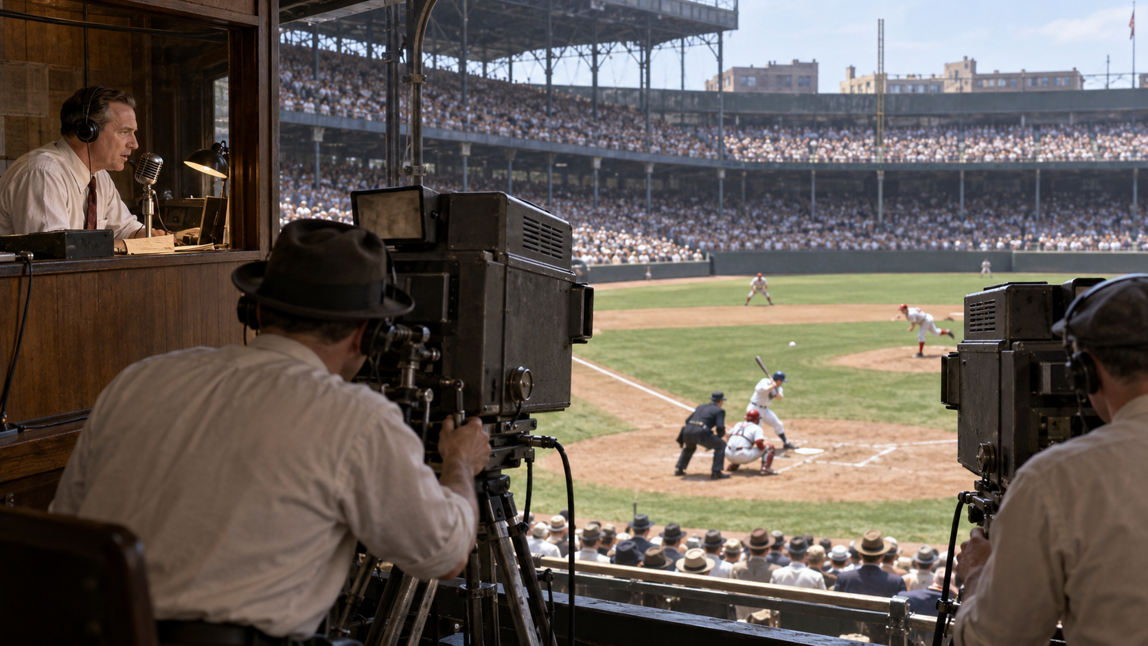 Photorealistic historical reconstruction of the first televised major-league baseball game in 1939.