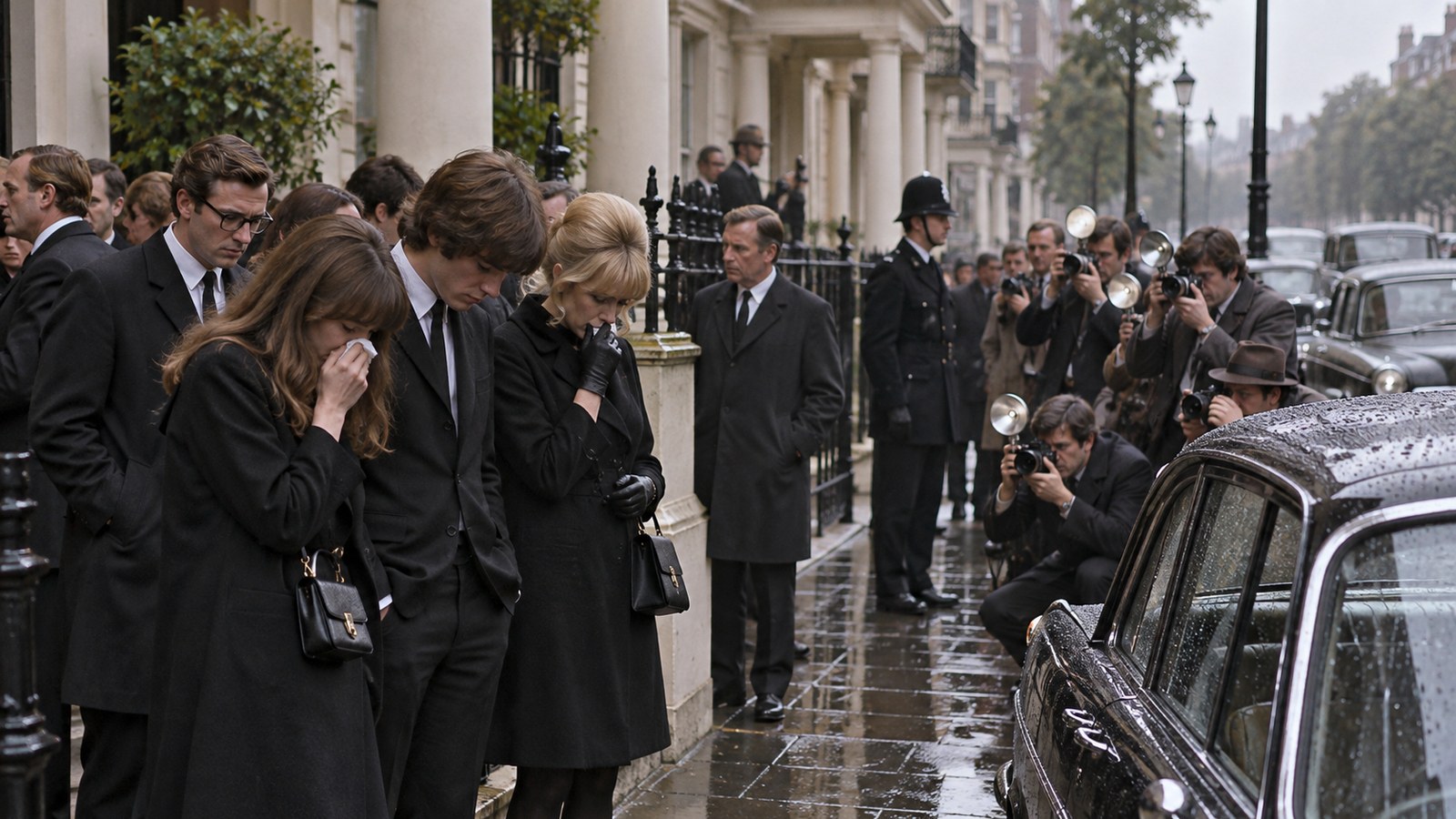AI reconstruction of mourners and reporters outside Brian Epstein's London home in 1967