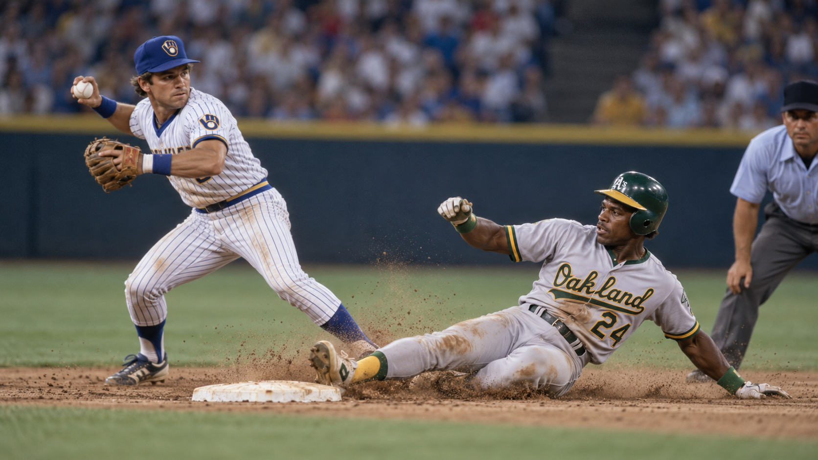 Photorealistic reconstruction of Rickey Henderson breaking the single-season stolen-base record in 1982.