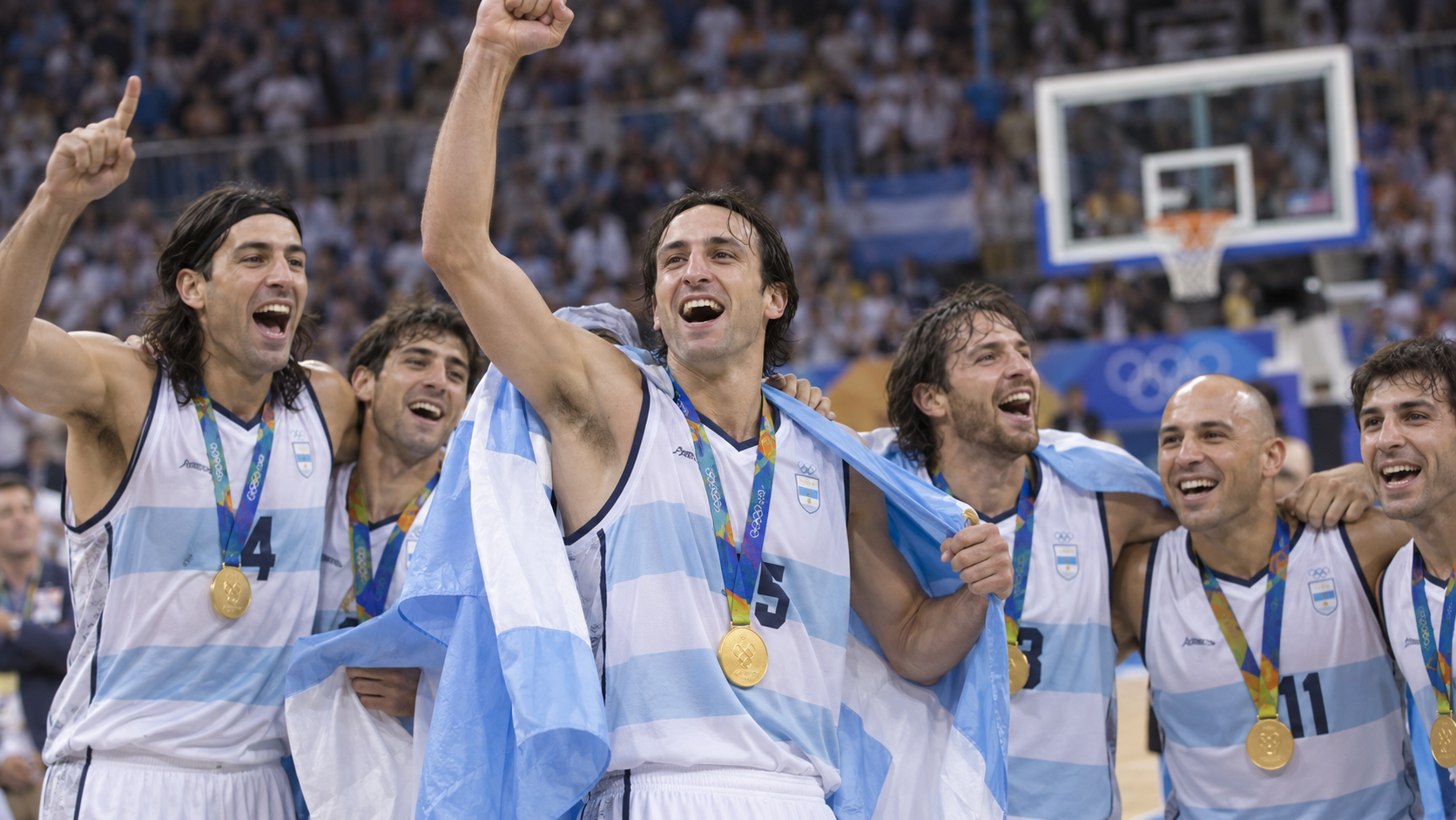 Photorealistic reconstruction of Argentina celebrating Olympic men's basketball gold in 2004.