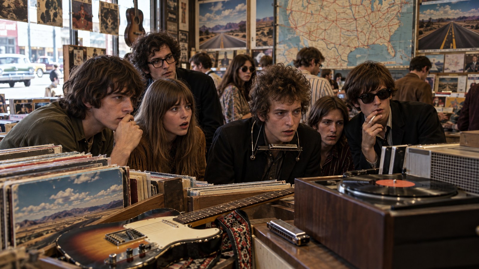 AI reconstruction of listeners discovering Highway 61 Revisited in a 1965 record shop