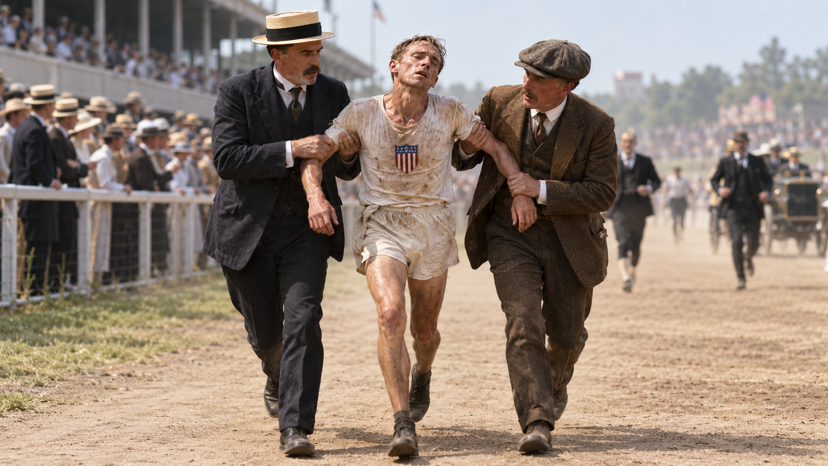 Photorealistic historical reconstruction of the chaotic 1904 St. Louis Olympic marathon finish.