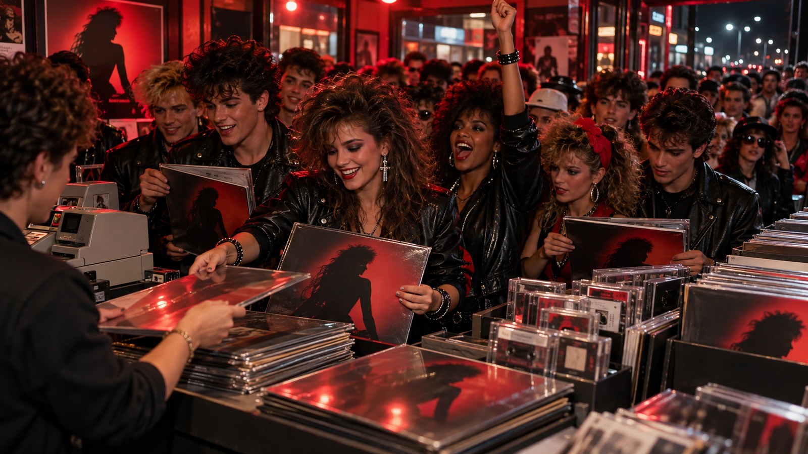 AI reconstruction of fans buying Michael Jackson's Bad album at midnight in 1987