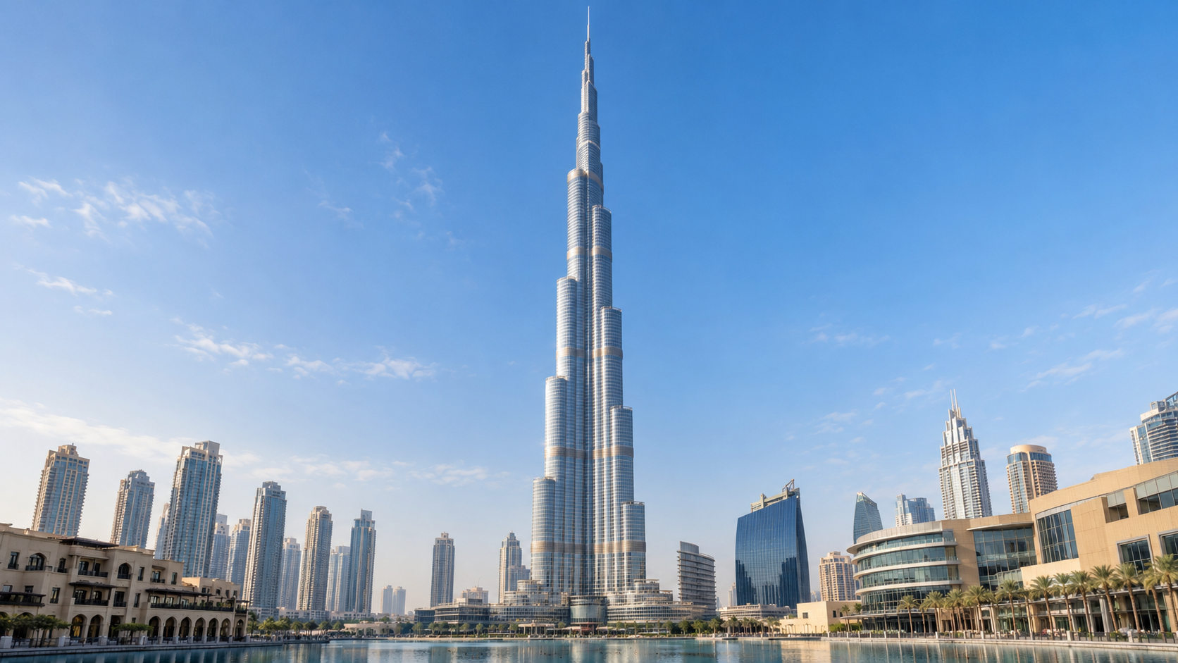 AI reconstruction of the completed Burj Khalifa rising above Downtown Dubai at its January 2010 opening.