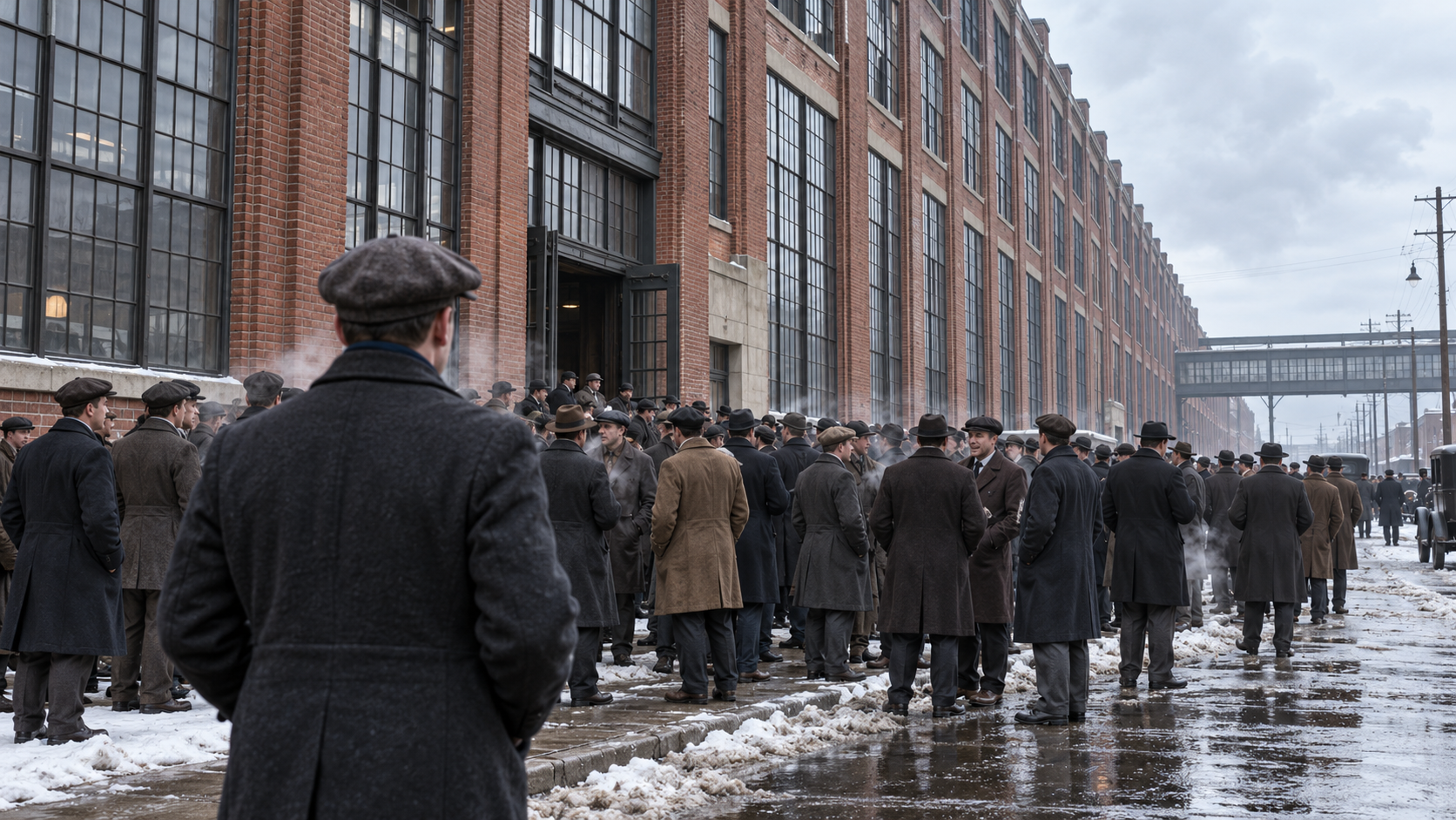 AI reconstruction of job seekers outside Ford’s Highland Park plant after the Five-Dollar Day announcement in January 1914.