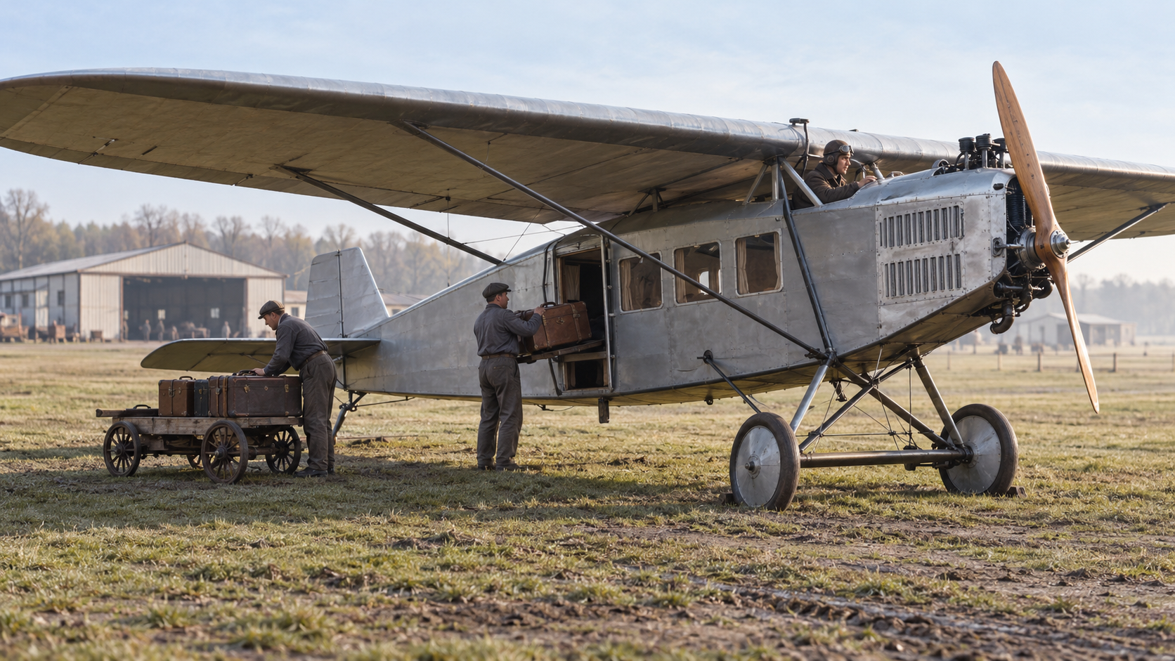 AI reconstruction of a 1926 Luft Hansa Fokker-Grulich aircraft being prepared at Berlin-Tempelhof.