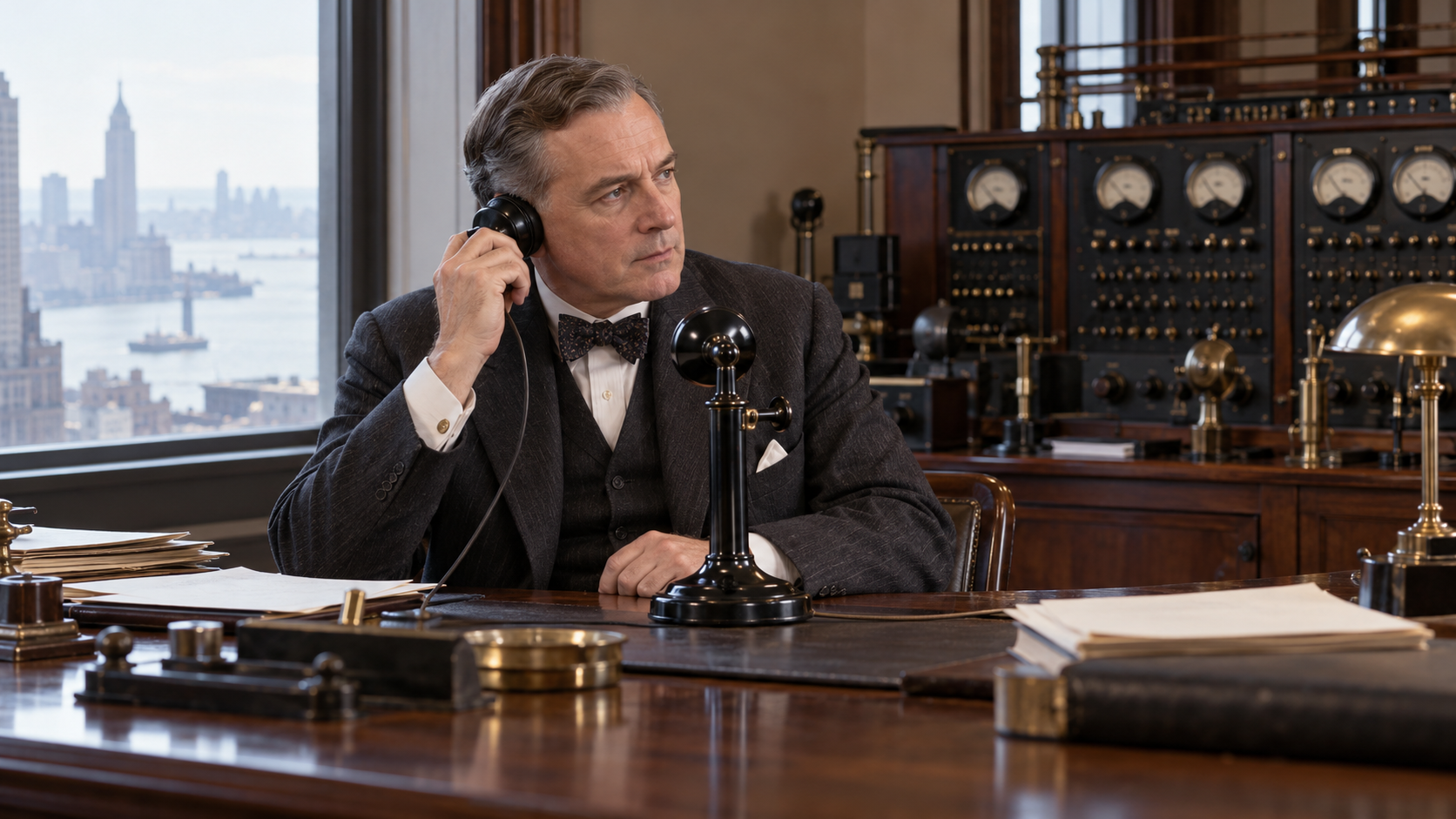 AI reconstruction of a 1927 New York office prepared for the first commercial transatlantic telephone service.