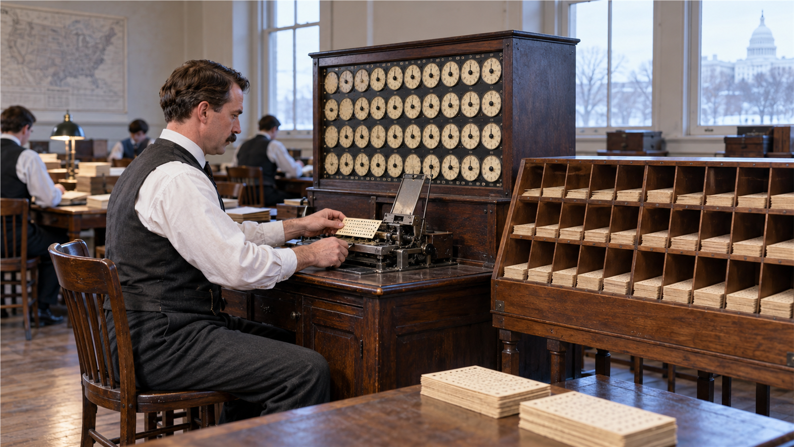 AI reconstruction of a late-1880s clerk operating Herman Hollerith’s punched-card tabulating machine.
