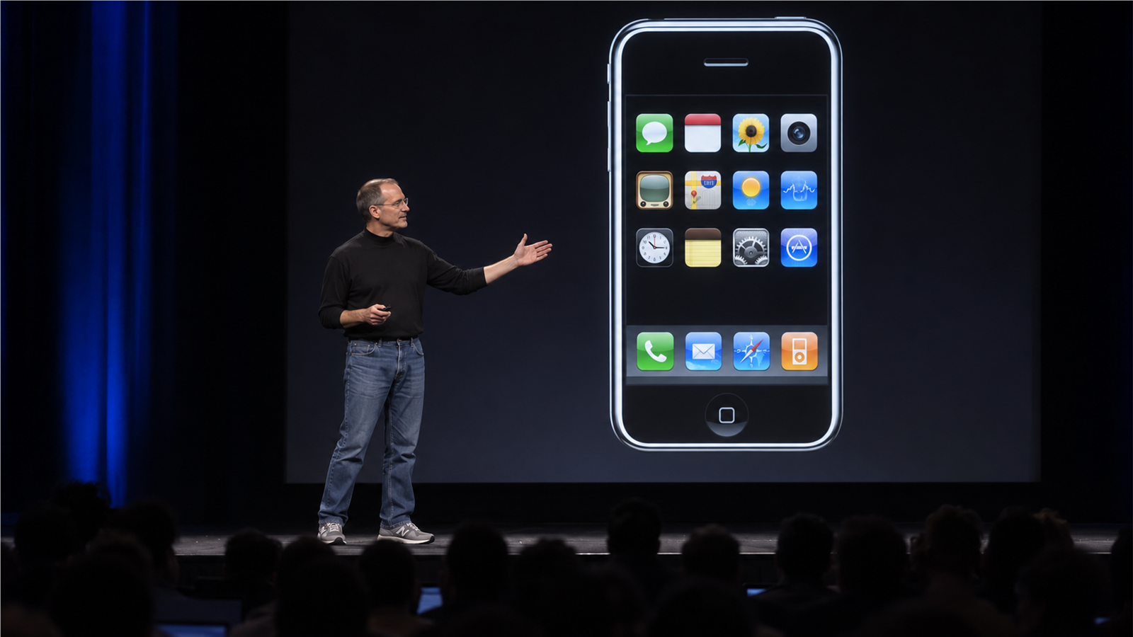 AI reconstruction of Apple’s January 2007 keynote unveiling of the original iPhone.