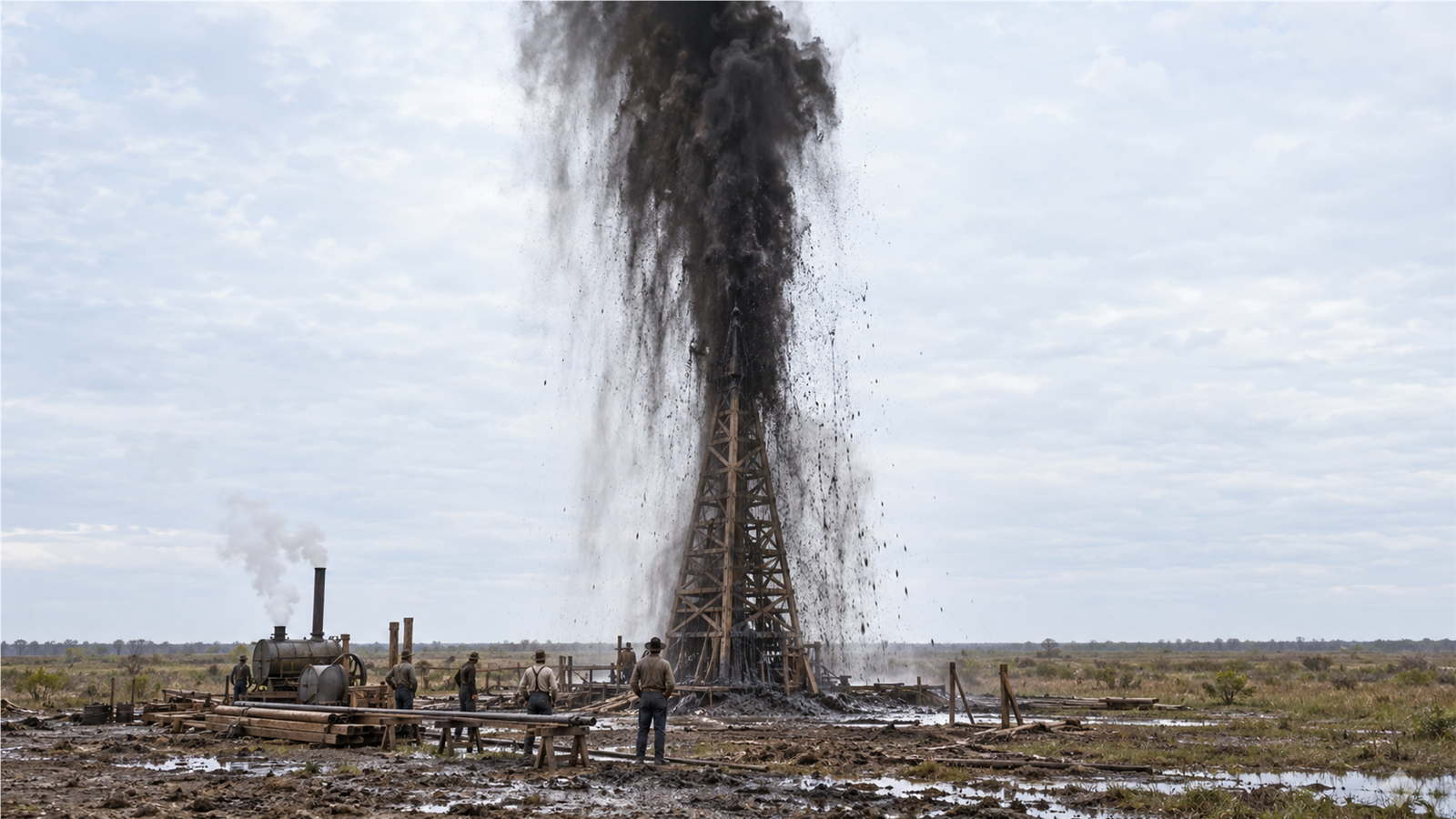 AI reconstruction of the Lucas oil gusher erupting at Spindletop near Beaumont in January 1901.
