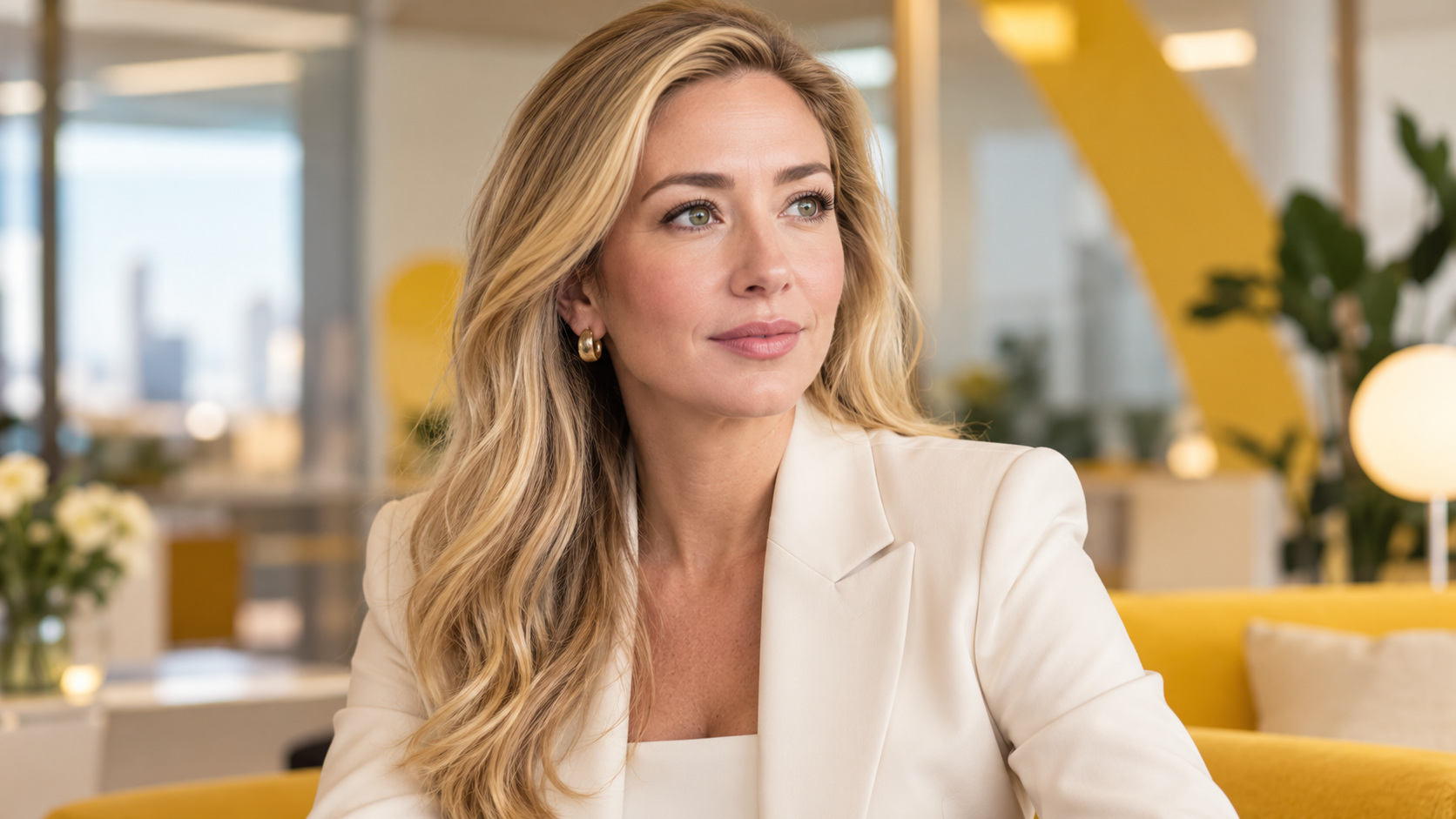 AI-generated editorial portrait of Whitney Wolfe Herd in a contemporary startup office